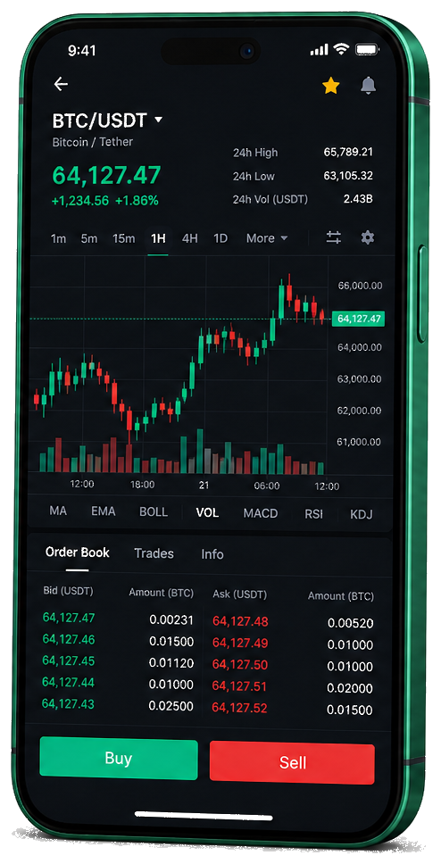 Immediate Force Mob mobile application — live BTC/USDT charts, order book, and trading functionalities